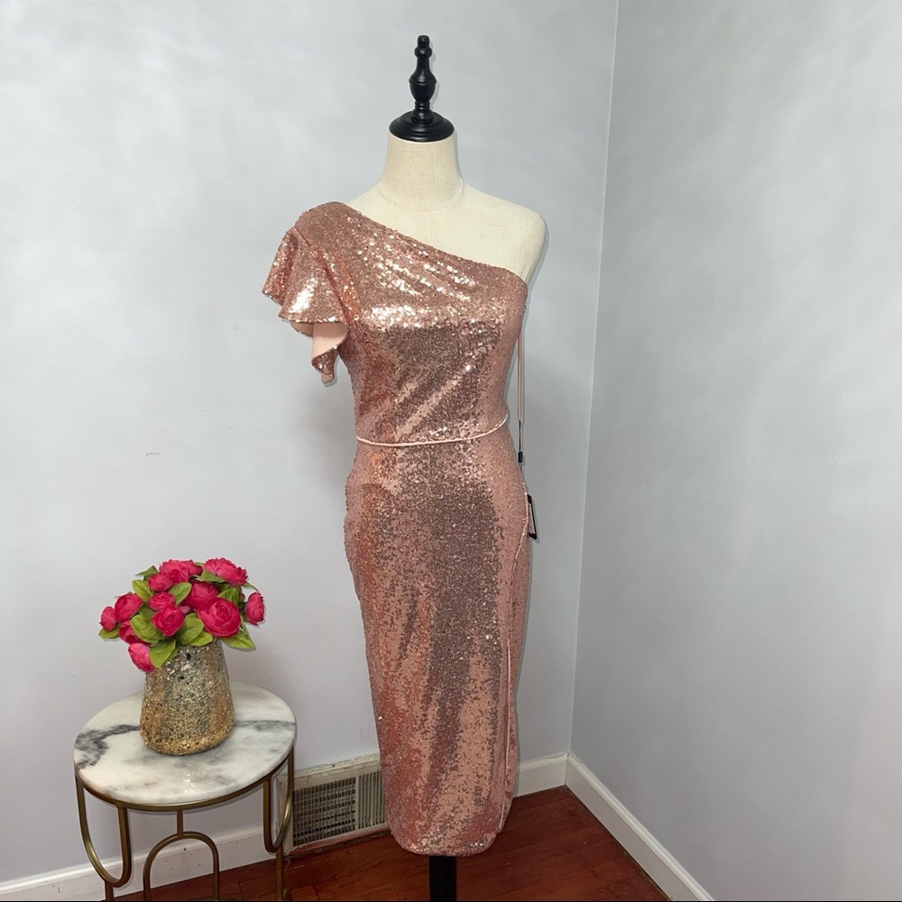 # Mac Duggal Rose Gold Sequins One Shoulder Ruffle Mini Dress / Gown New W/ Tag - Picture 8 of 17
